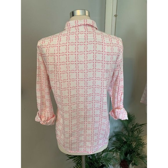 Women’s Linen pink & white clover leaf button up blouse PM M summer comfort Prep - Picture 5 of 12